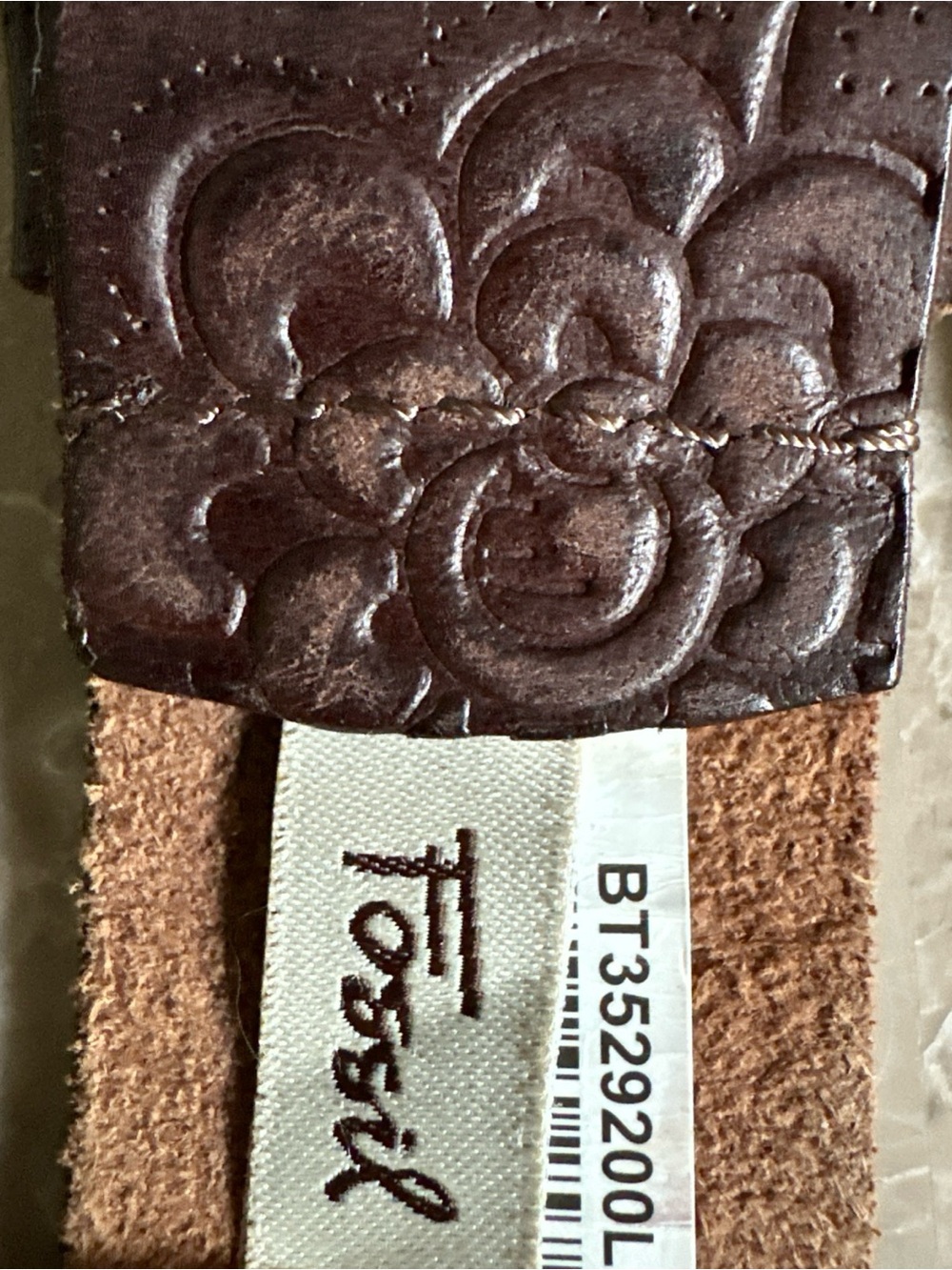 Fossil Belt Brown Genuine Leather Women's Size L Embossed Floral Made In India - Picture 7 of 12